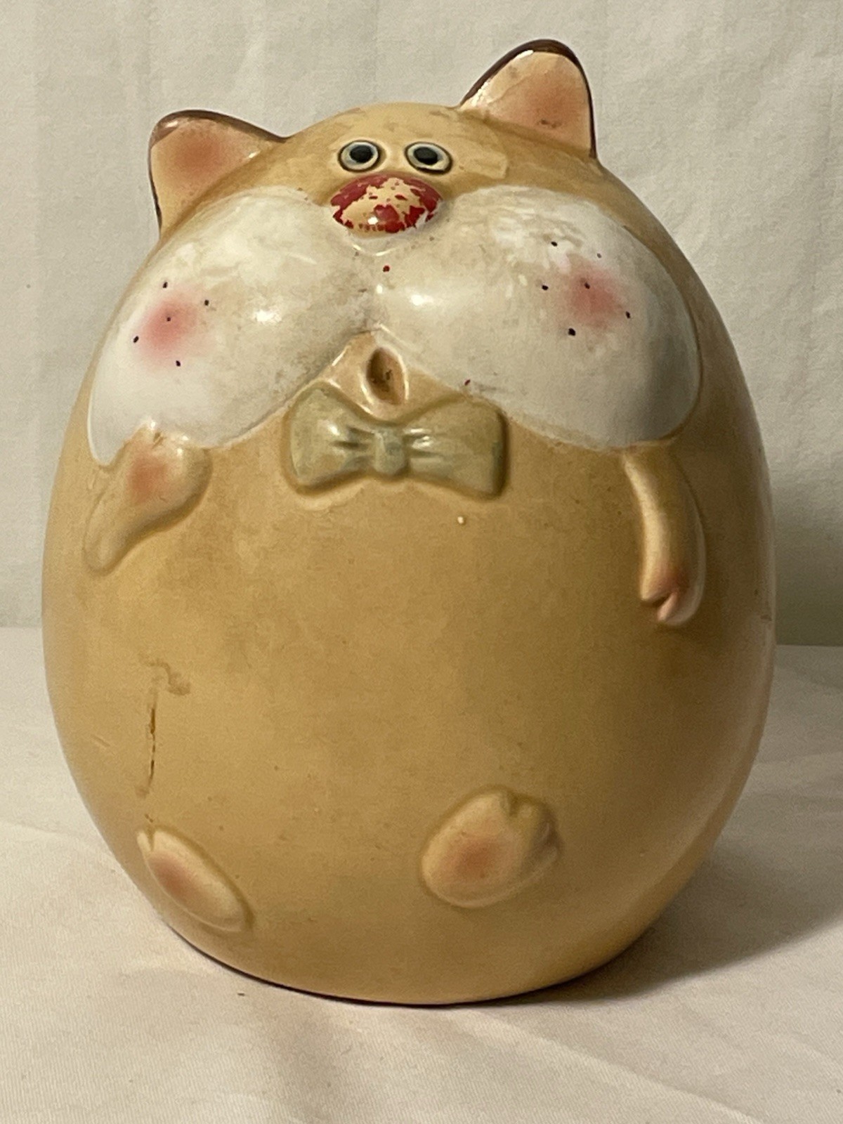 Vintage Studio Pottery Round Fat Cat Ceramic Coin Bank Whimsical Bow Tie Feline