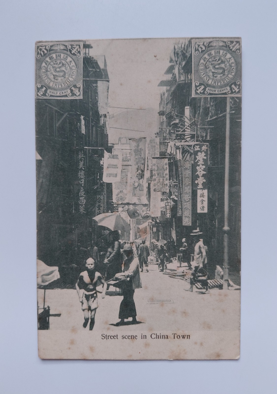 China Town Street Scene Rickshaw Chinese Shops Antique Postcard c1900 Kingshill