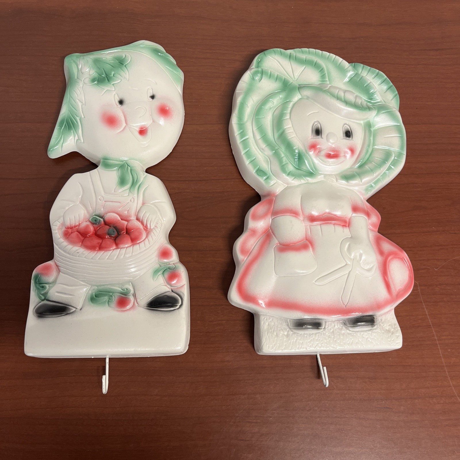 Vintage Pair of Anthropomorphic Vegetable Head Chalkware Wall Plaques w Hooks