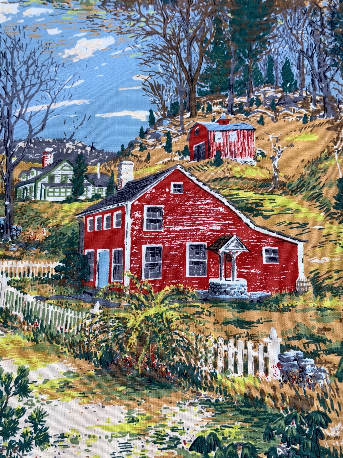Hill Top Farm by Albert Hubbell Grandma Moses Style MCM Barkcloth Vintage Fabric