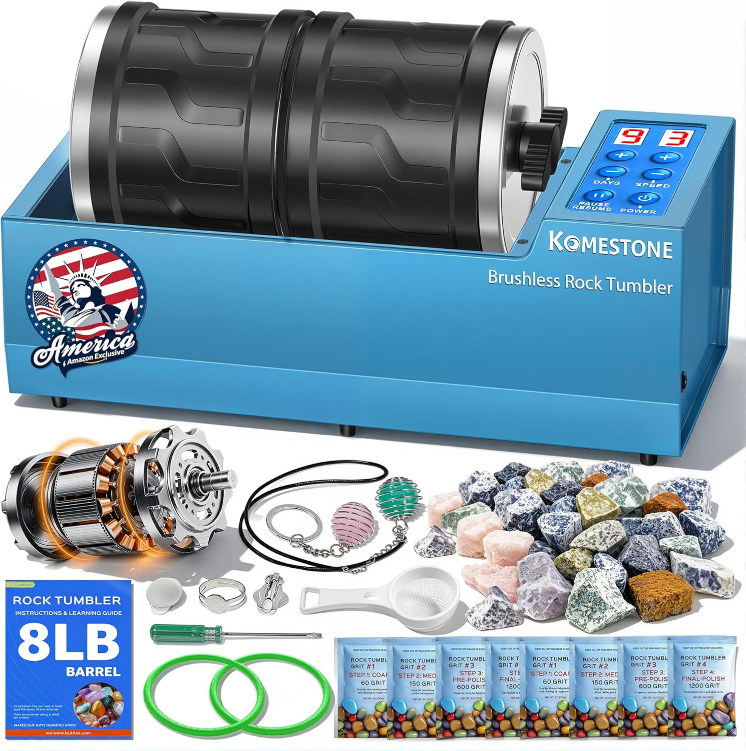 Dual-Barrel Rock Tumbler Kit – 8LB Extra Large Capacity (4LB × 2), Brushless Mot Dual-Barrel Rock Tumbler Kit – 8LB Extra Large Capacity (4LB × 2), Brushless Mot