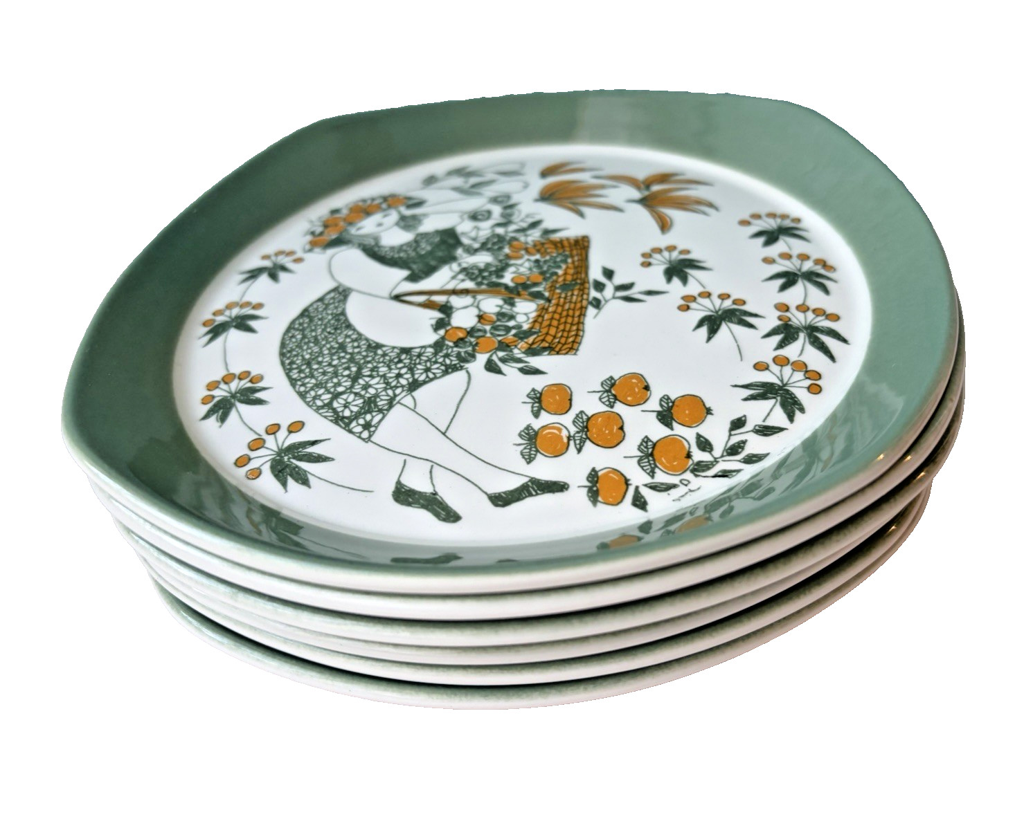 6 - Figgjo Flint Norway SICILIA  Folk Art Plates 7 1/2” - Complete Set - 1960's