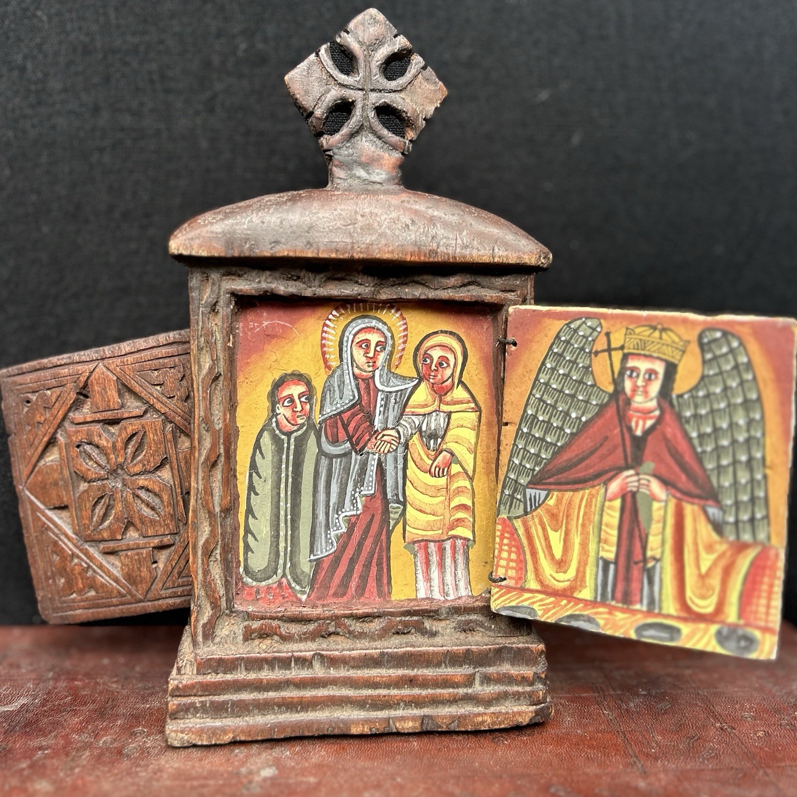VINTAGE ETHIOPIAN ORTHODOX HAND PAINTED WOODEN FOLDING ICON ANGEL COPTIC ART