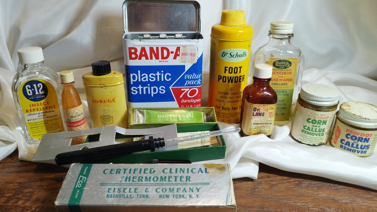 Vintage Apothecary Store Advertising Lot 11 Medicine Cabinet Tins Glass Bottles
