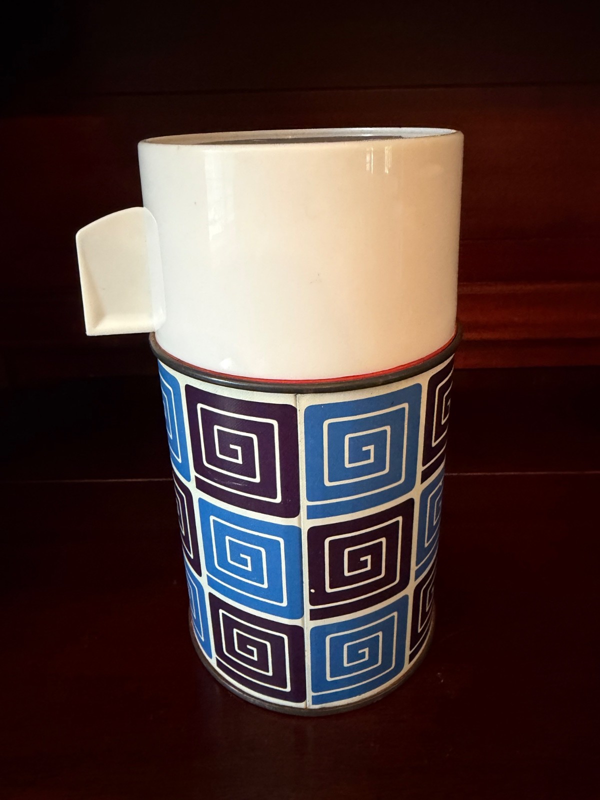 Vintage 1970s Aladdin Thermos 1 Pint Blue Purple Geometric Op Art British Made