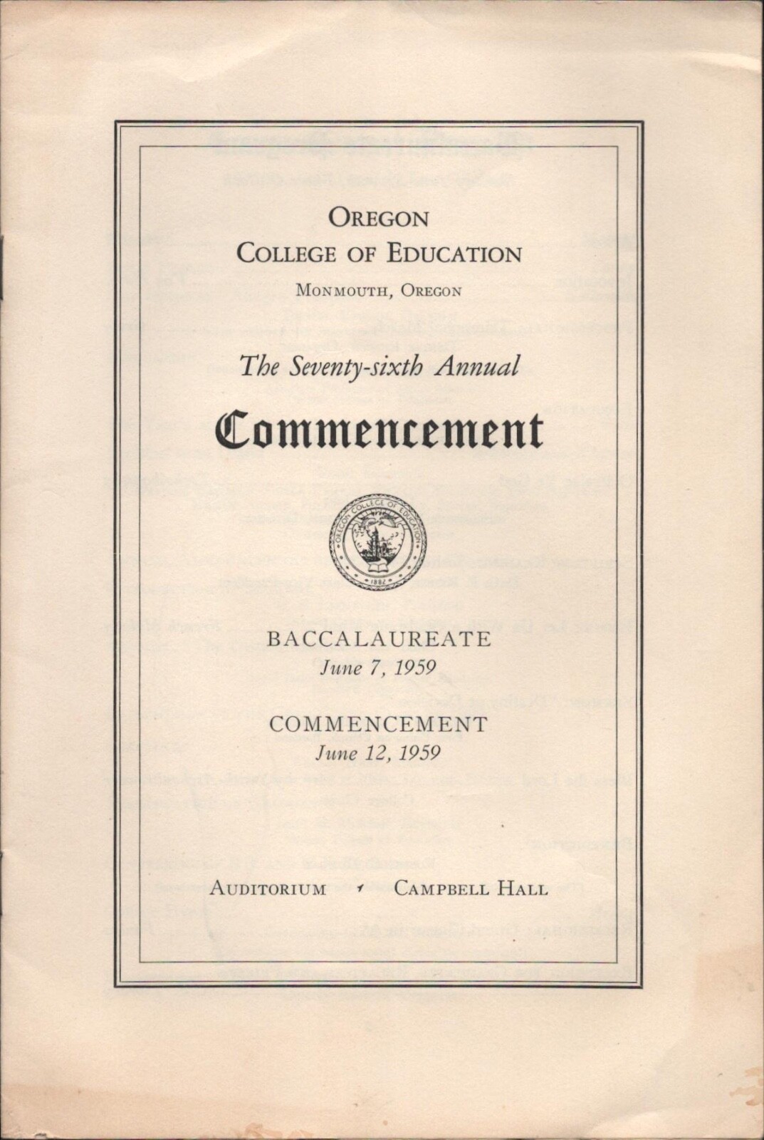 1959 OREGON COLLEGE OF EDUCATION Vintage Commencement Program MONMOUTH, OREGON