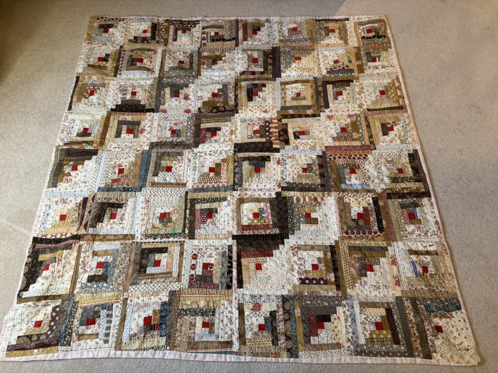 Handmade Patchwork Quilt Log Cabin Square 130 x 130cm Multicolour Cottagecore