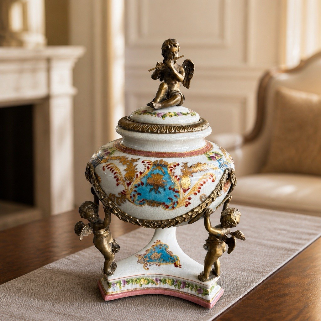 Antique Wong Lee 1895 Porcelain Ormolu Decorative Urn with Crackled Glaze 13”