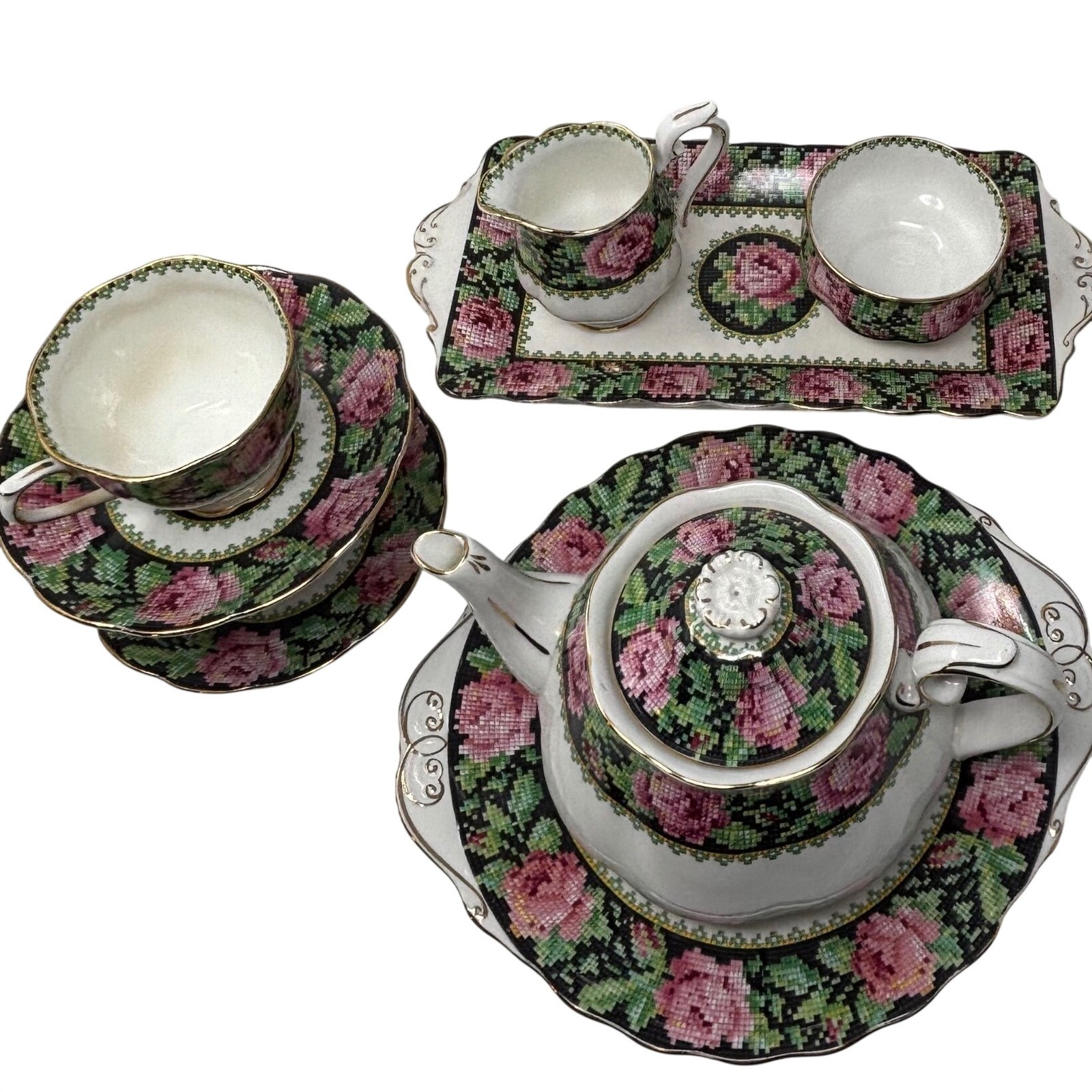 Vintage Royal Albert Needle Point Tea Set 13pc Teapot Cups Saucers Plates