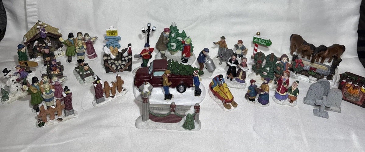 Large Vintage Christmas Village Accessories Lot 30 Pieces People Animals & More