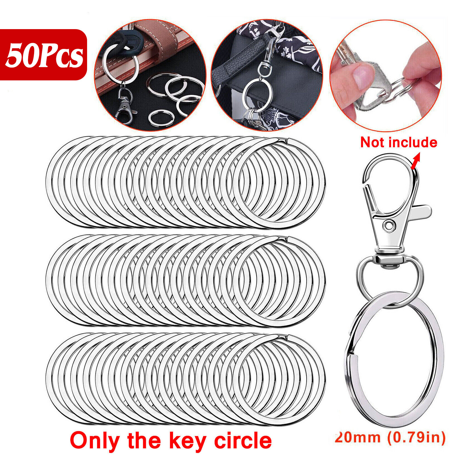 50pcs Round Key Ring 20/25/30mm Rustproof Split Ring Keychain Stainless Steel