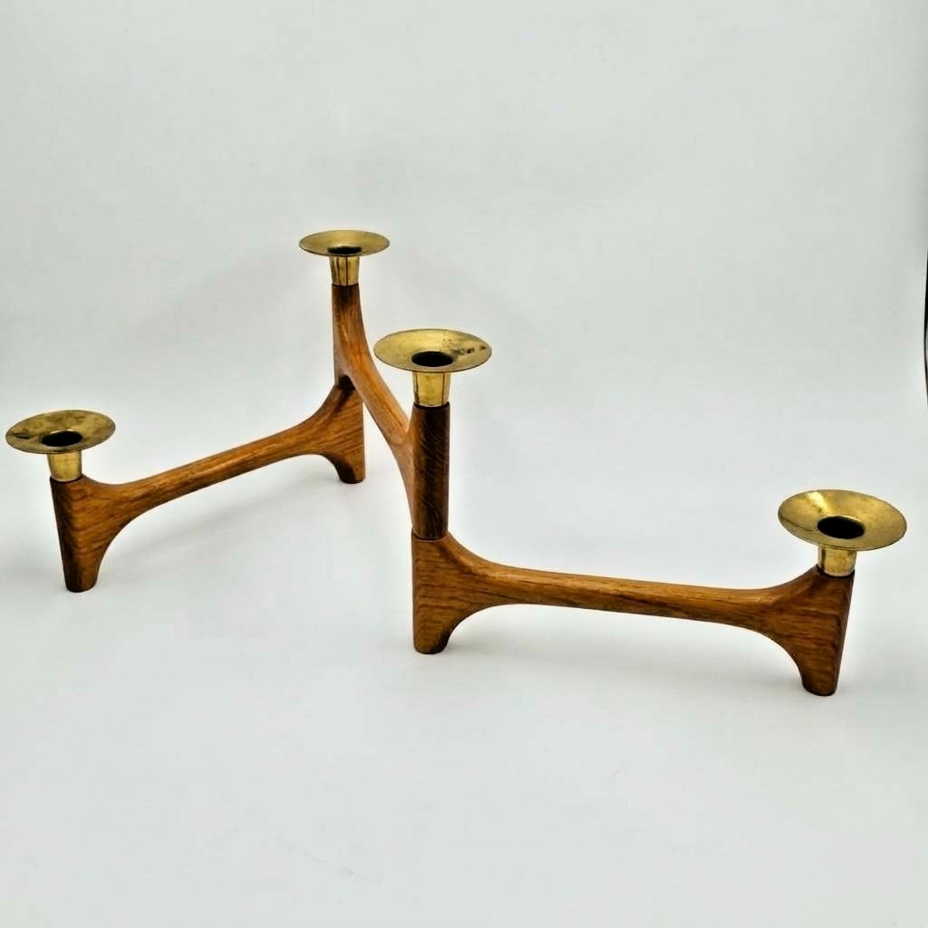 Vintage Mid Century Teak Brass Articulating 4 Light Candle Holder Centerpiece