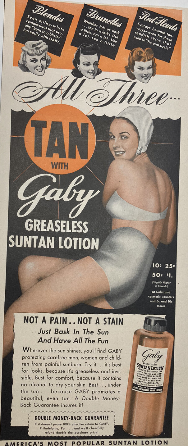 VINTAGE Gaby Greaseless Suntan Lotion & Shinola Liquid Cleaner Print Ad 6x12.5\