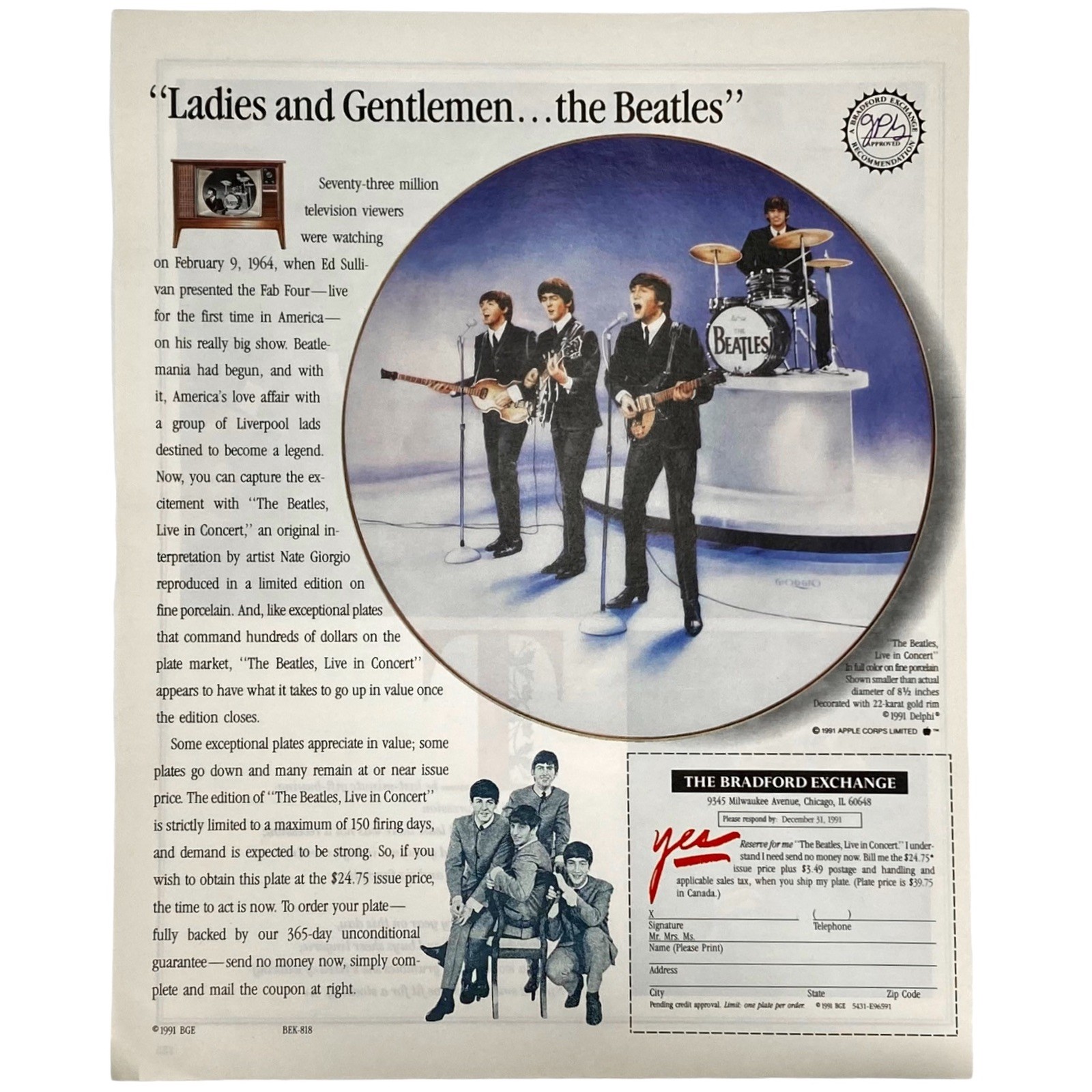 1991 The Beatles, Ladies and Gentlemen..the Beatles Collector Plate Vtg Print Ad