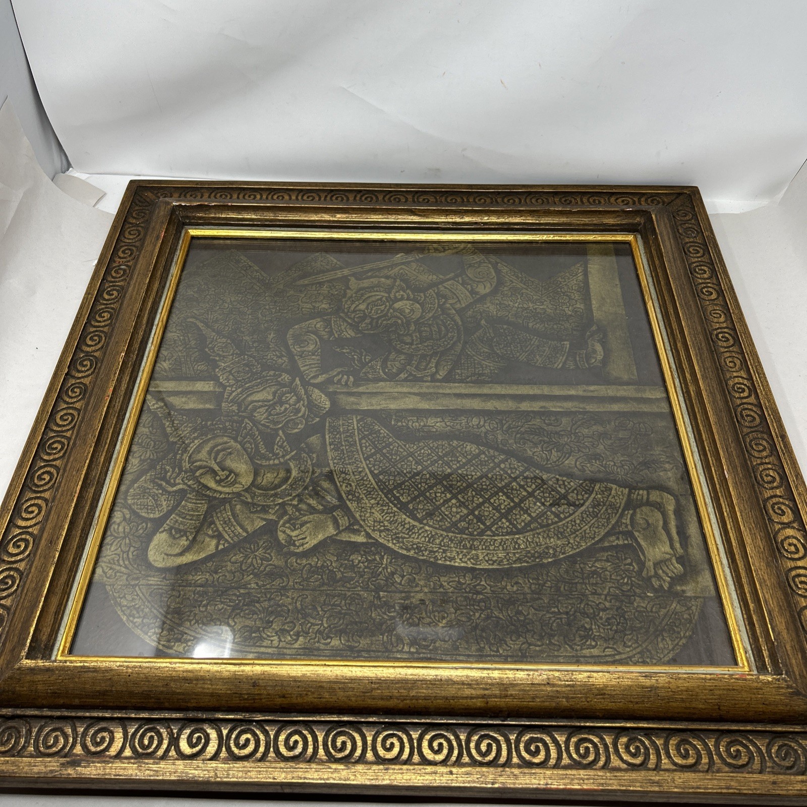 Vintage Mid Century Thai Temple Rubbing Gold Framed Asian Art MCM 23x23 Square