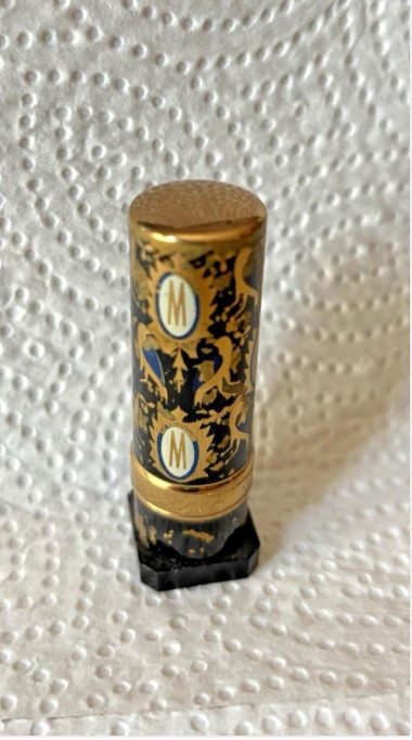 Lipstick Vintage MICHEL DE LUXE Ornate Black & Gold Metal Tube Red Venus