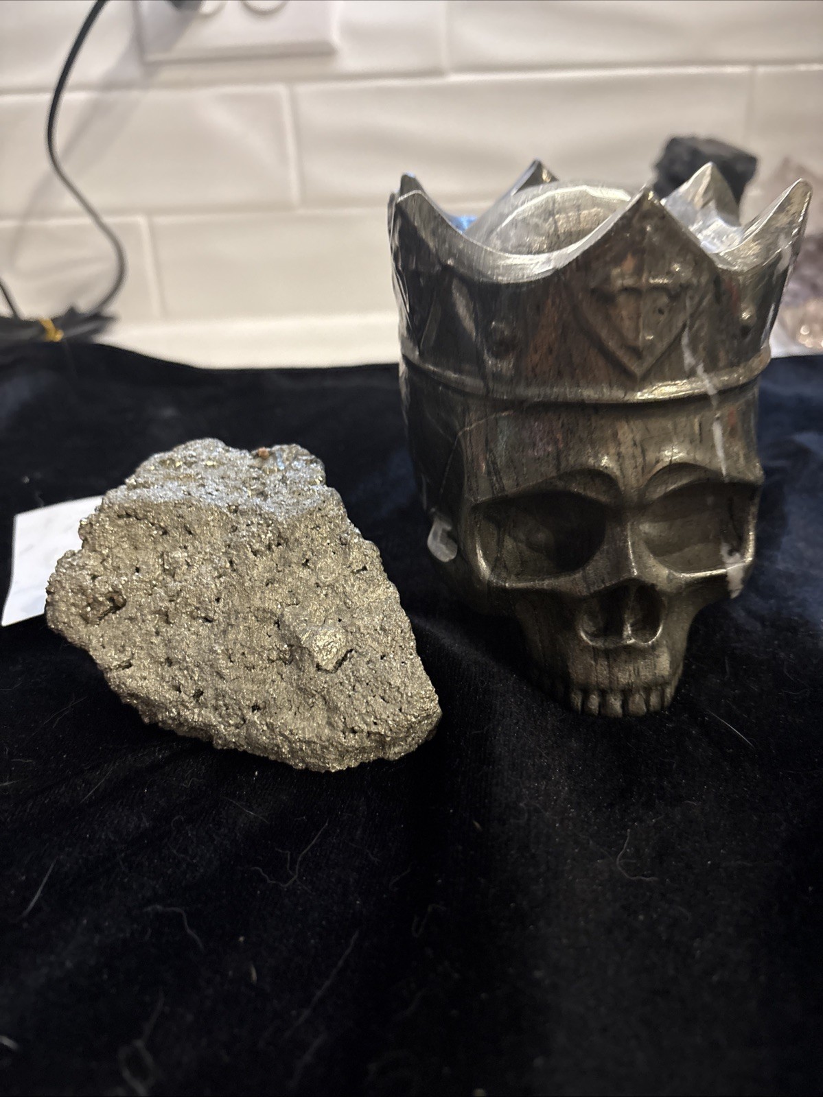 Pyrite 4.5”x3.5”x 4.25 Crowned Skull Carving 6.5 Lb. ,1.5 Lb Specimen 4”x2.5”x2