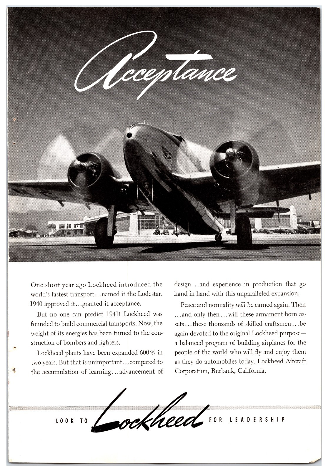 Vintage 1940s Lockheed Lodestar -Original Print Advertisement (7in x 10in)