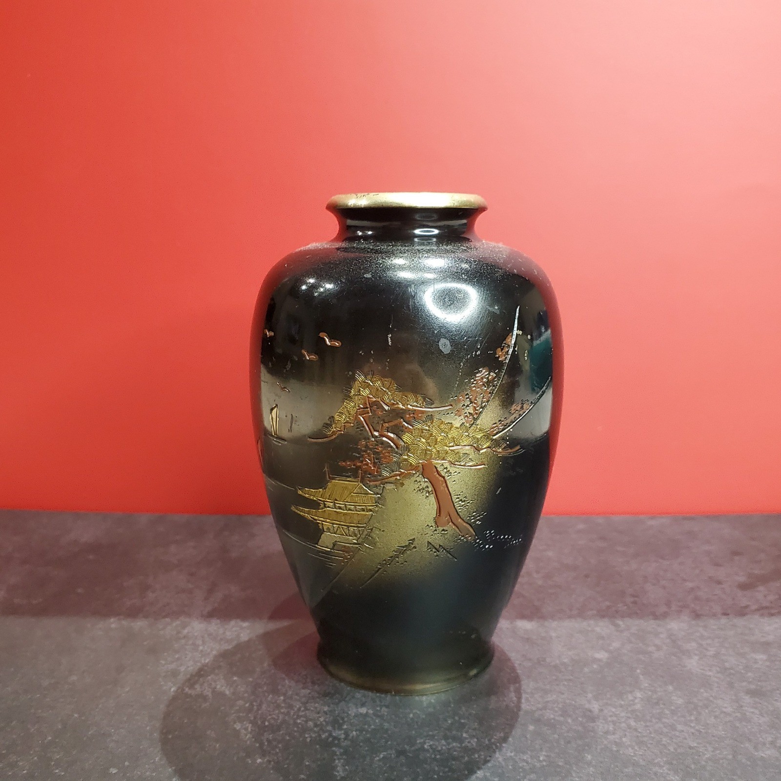 Vintage Japanese Mixed Metal Etched Vase Mt. Fuji & Pagoda Scene Black & Gold