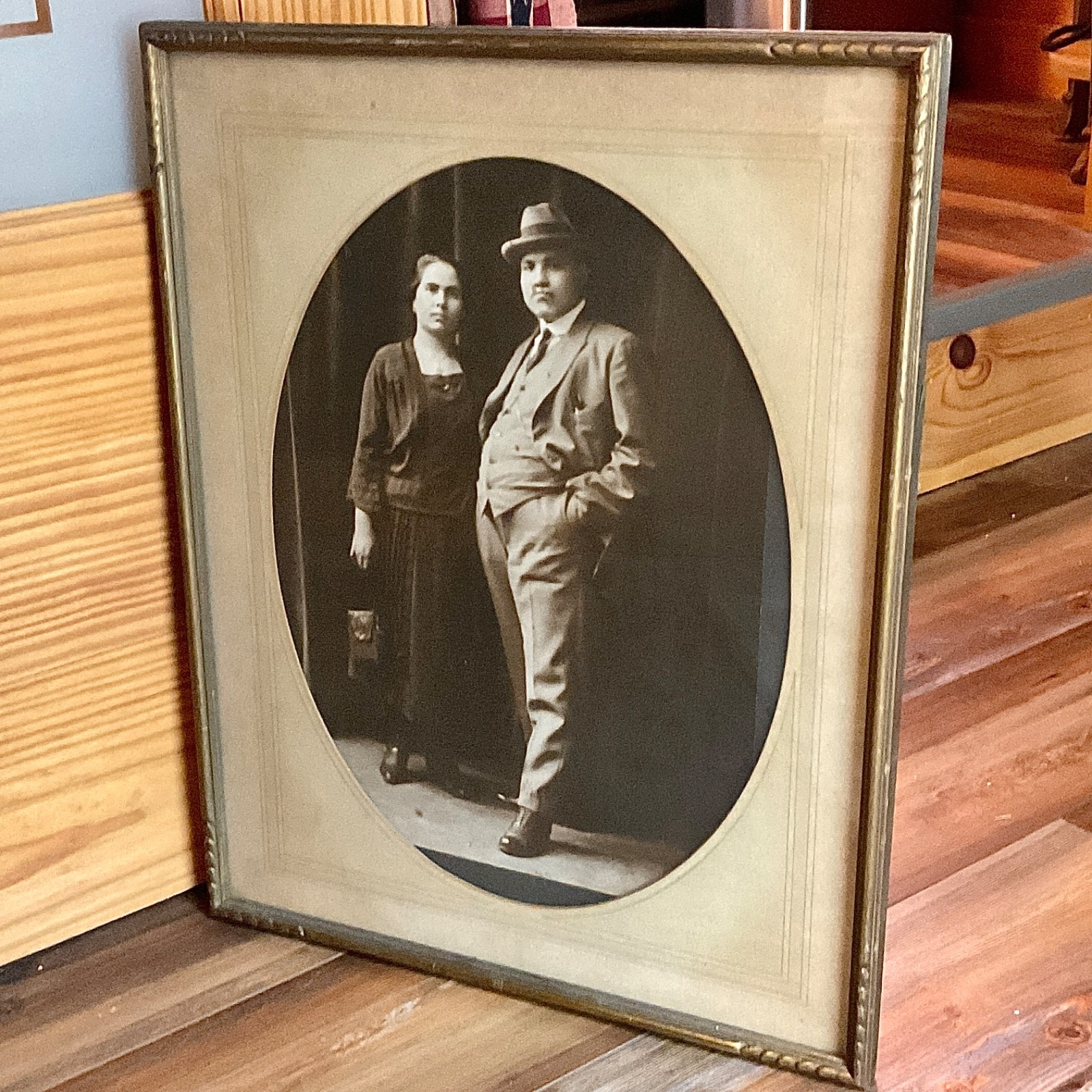 Antique 1920 New York City Couple Studio Portrait Large Framed Photo 18x14 NYC