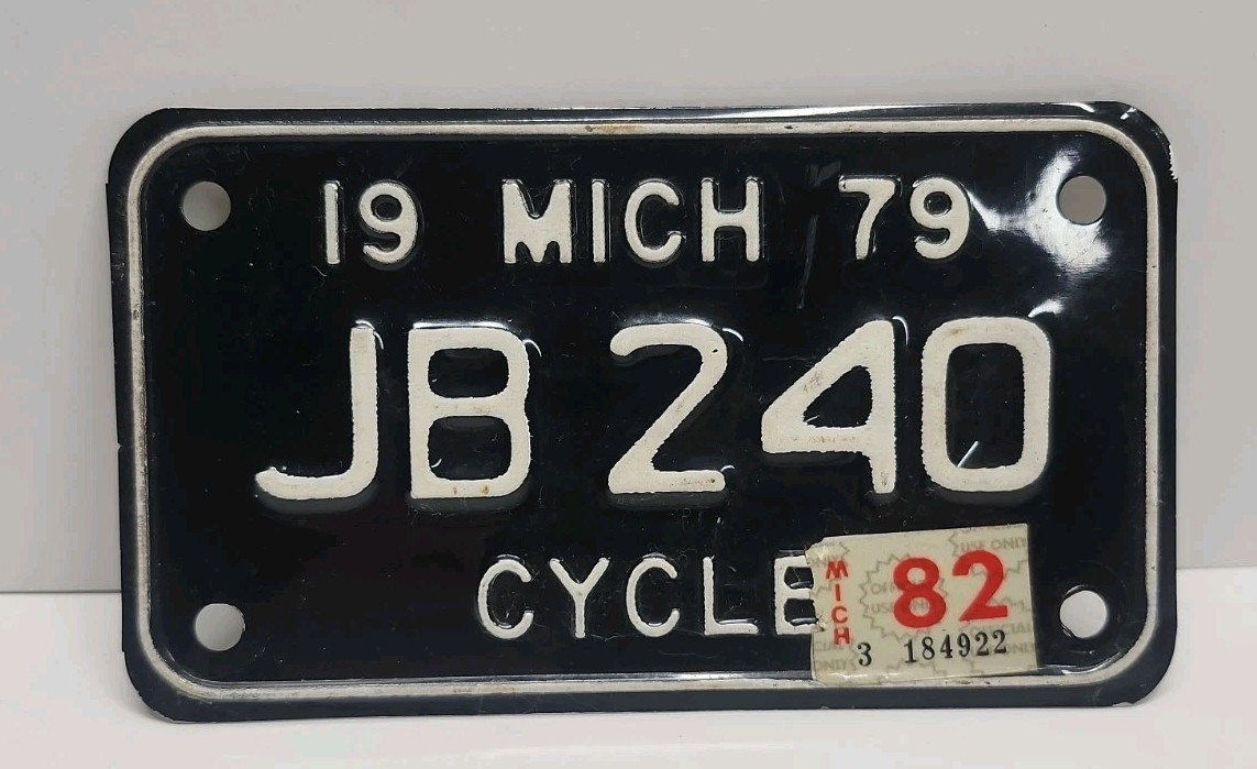 Vintage 1979 Michigan Motorcycle License Plate JB 240 WIth 1982 Sticker Mich 79
