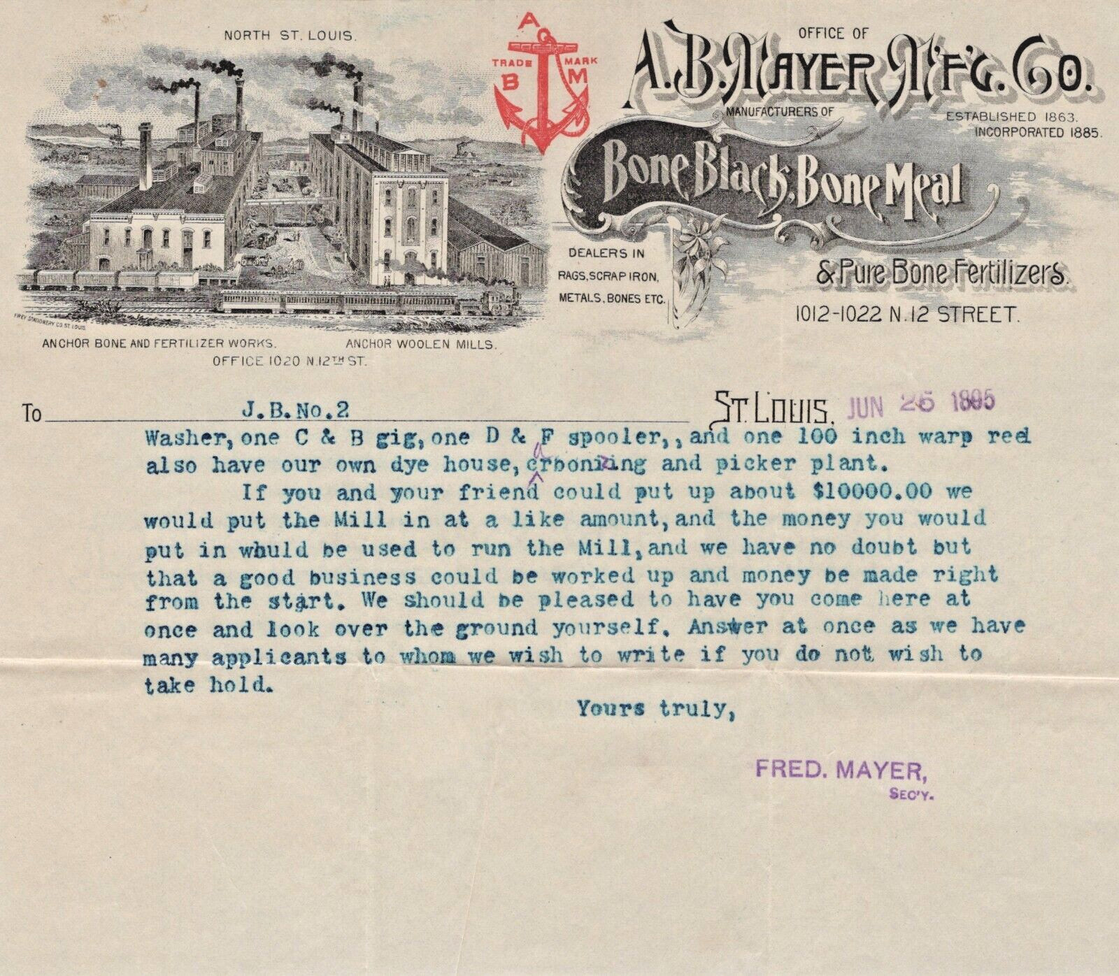 Agriculture Paper Receipt A B Mayer Bone Black Bone Meal Advertise 1895  A11LL