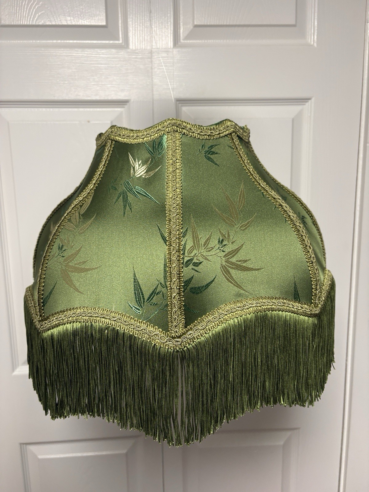 Victorian Style Green Lamp Shade w/ Tassels and Bamboo Leaf Pattern