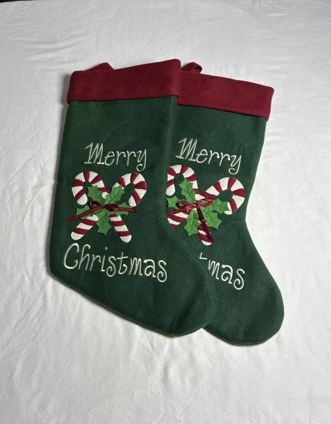Vintage Stockings Felt Wool W/ Holly/Candy Canes Embroidered Merry Christmas