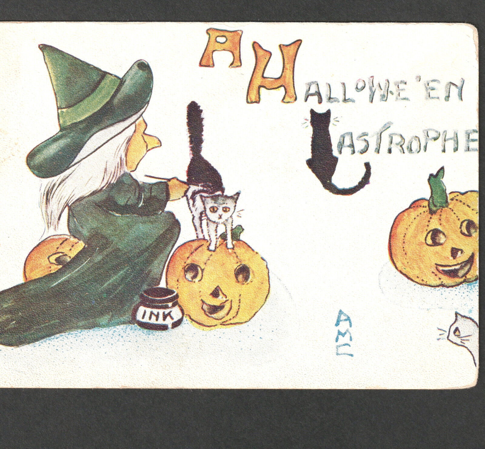 Witch Paints Cat Black - A Halloween Castrophe - AMC/ F.A. Owen 860 JOL PostCard
