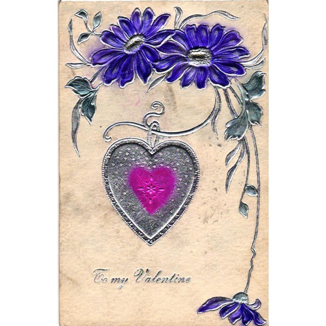 Antique 1912 Valentine Postcard Embossed Silver Heart Purple Daisies Germany