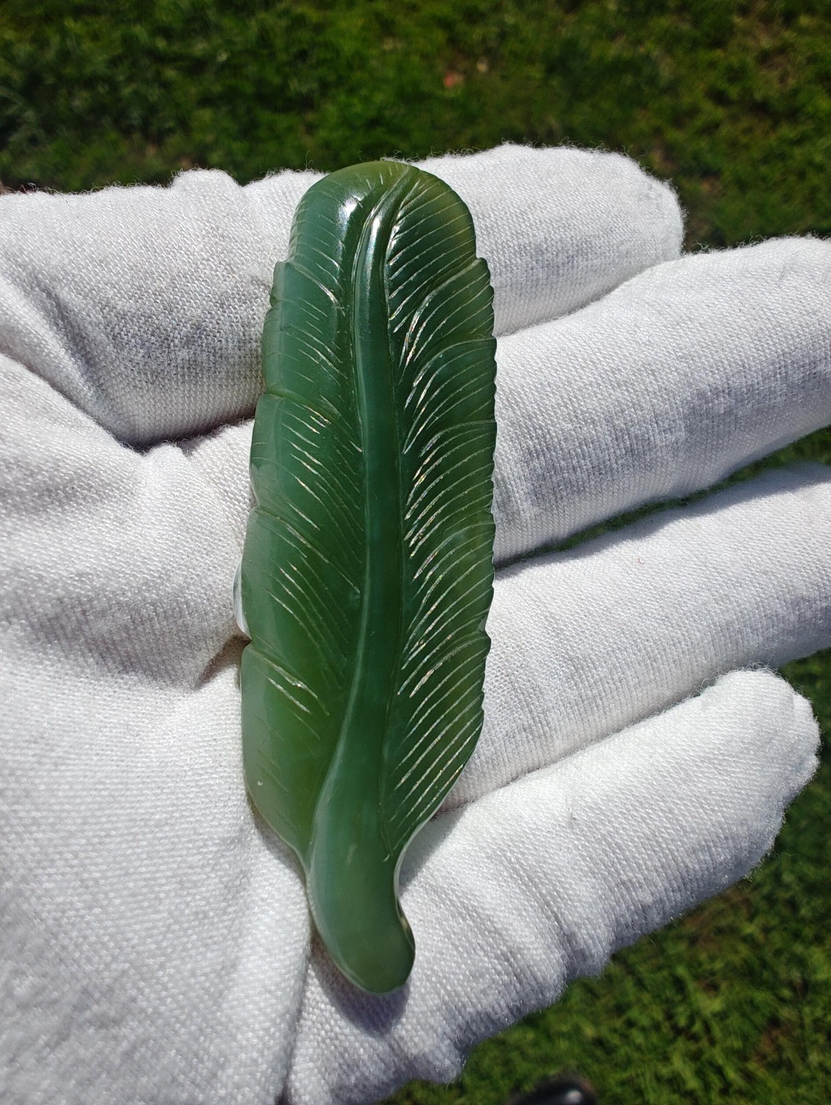 Certified Handmade Authentic Nephrite Jade Feather Pendant