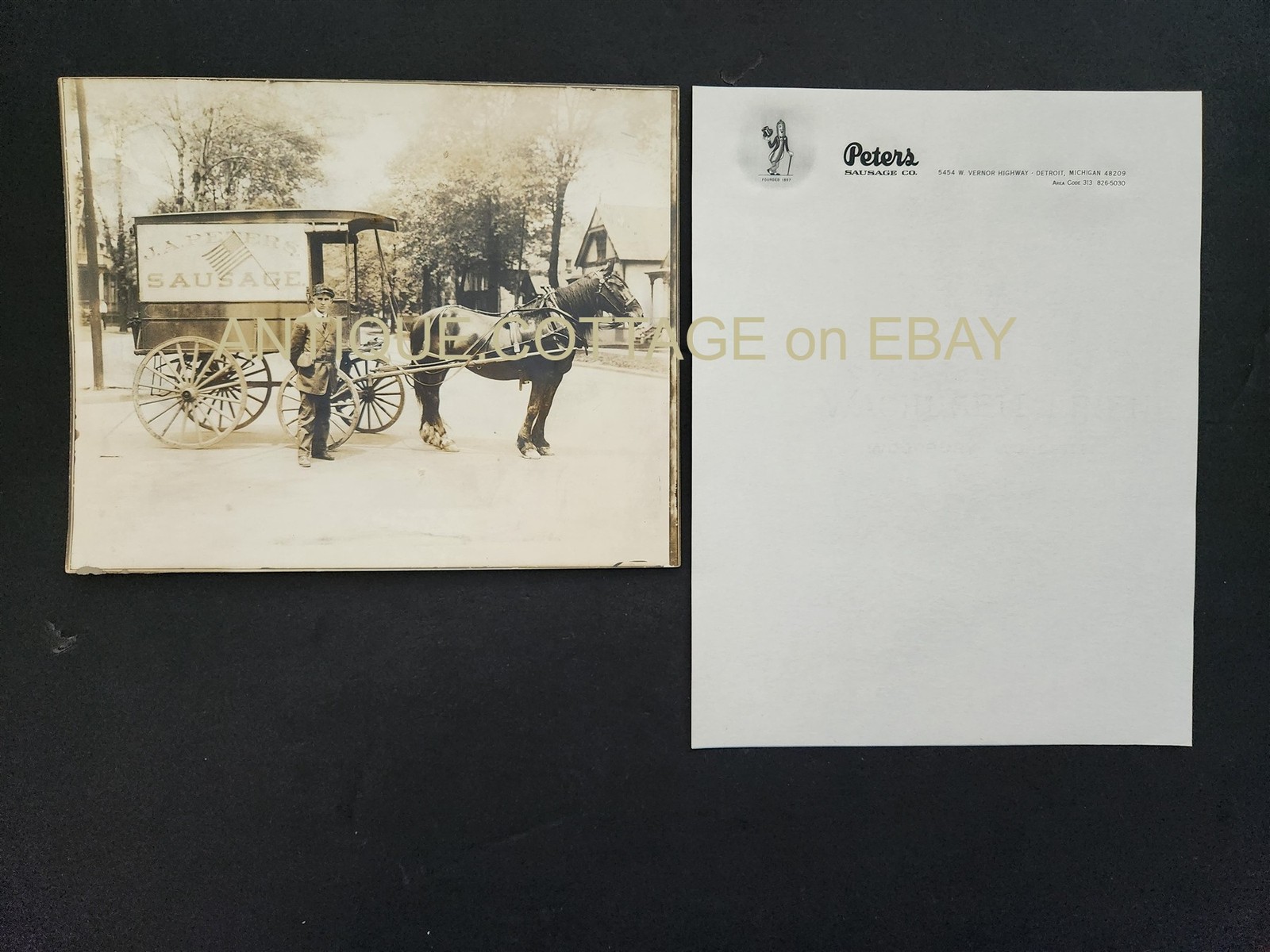c1910 antique JA PETERS SAUSAGE detroit mi PHOTO LETTERHEAD horse wagon delivery
