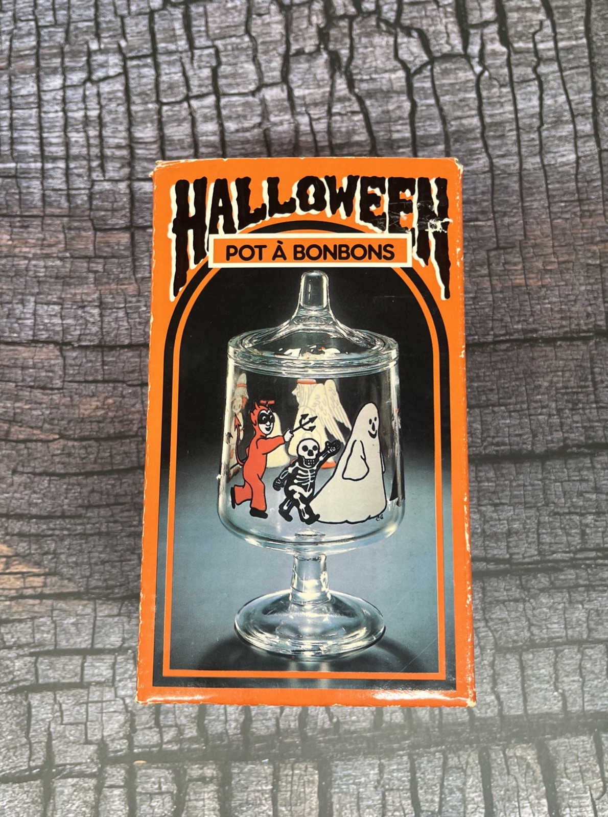 NEW Vintage 1987 Lidded Pedestal Glass Halloween Candy Jar Trick or Treaters