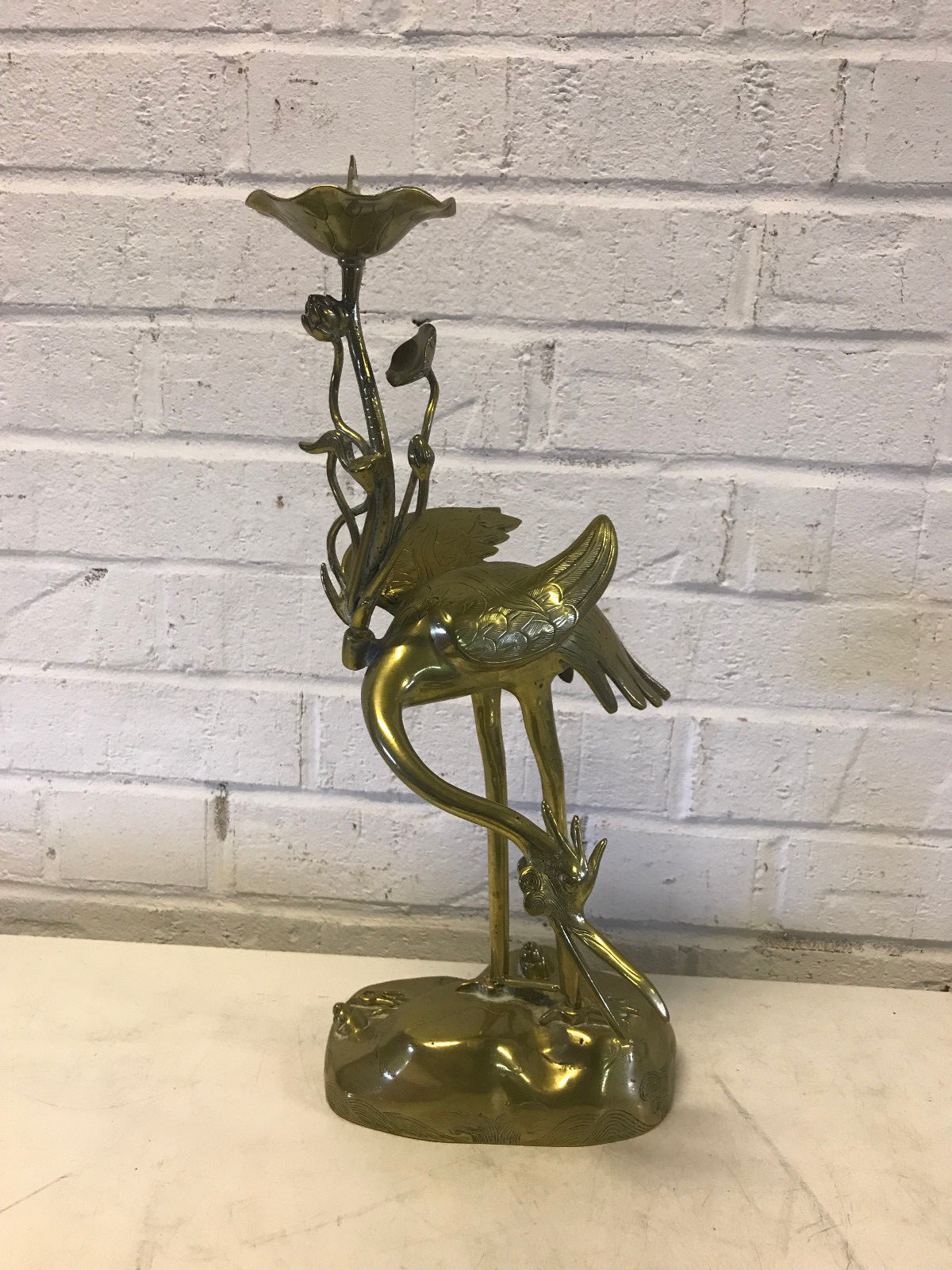 Vintage Possibly Antique Chinese Brass Candle Holder w/ Crane Flower & Turtle 