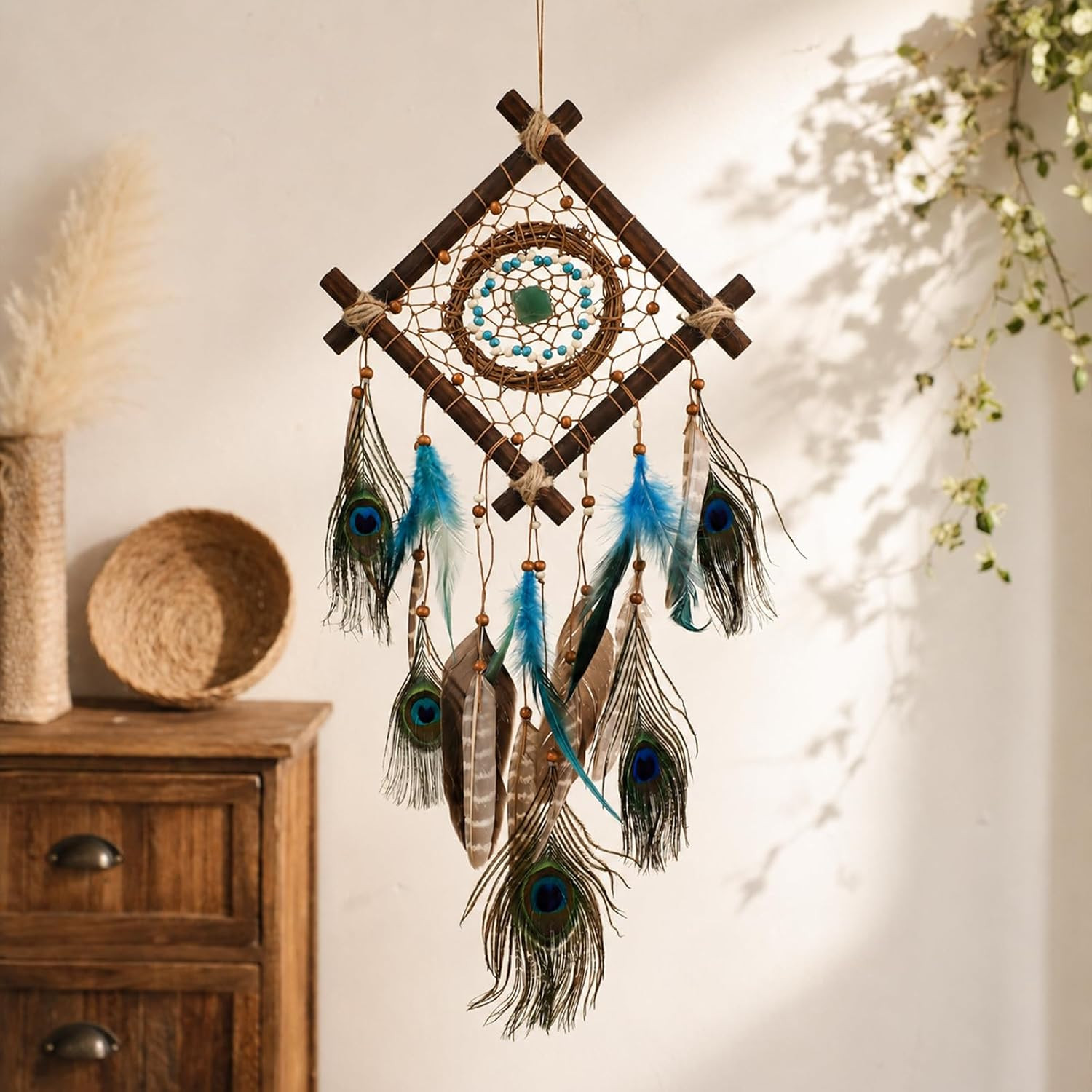 Rattan Dream Catcher Boho Wall Decor, Peacock Goose Feather Crystal Hanging
