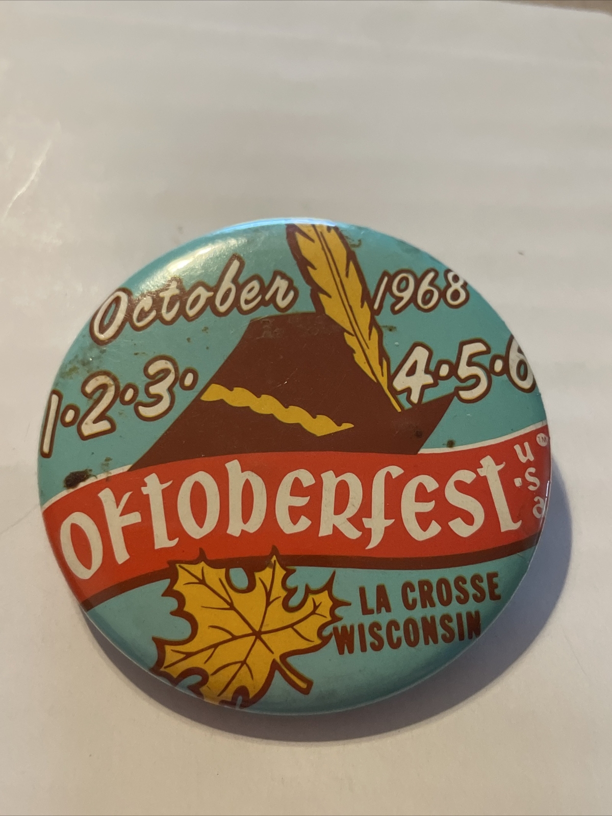 Vintage 1968 OKTOBERFEST La Crosse WI Pinback Button Festival Artist Design