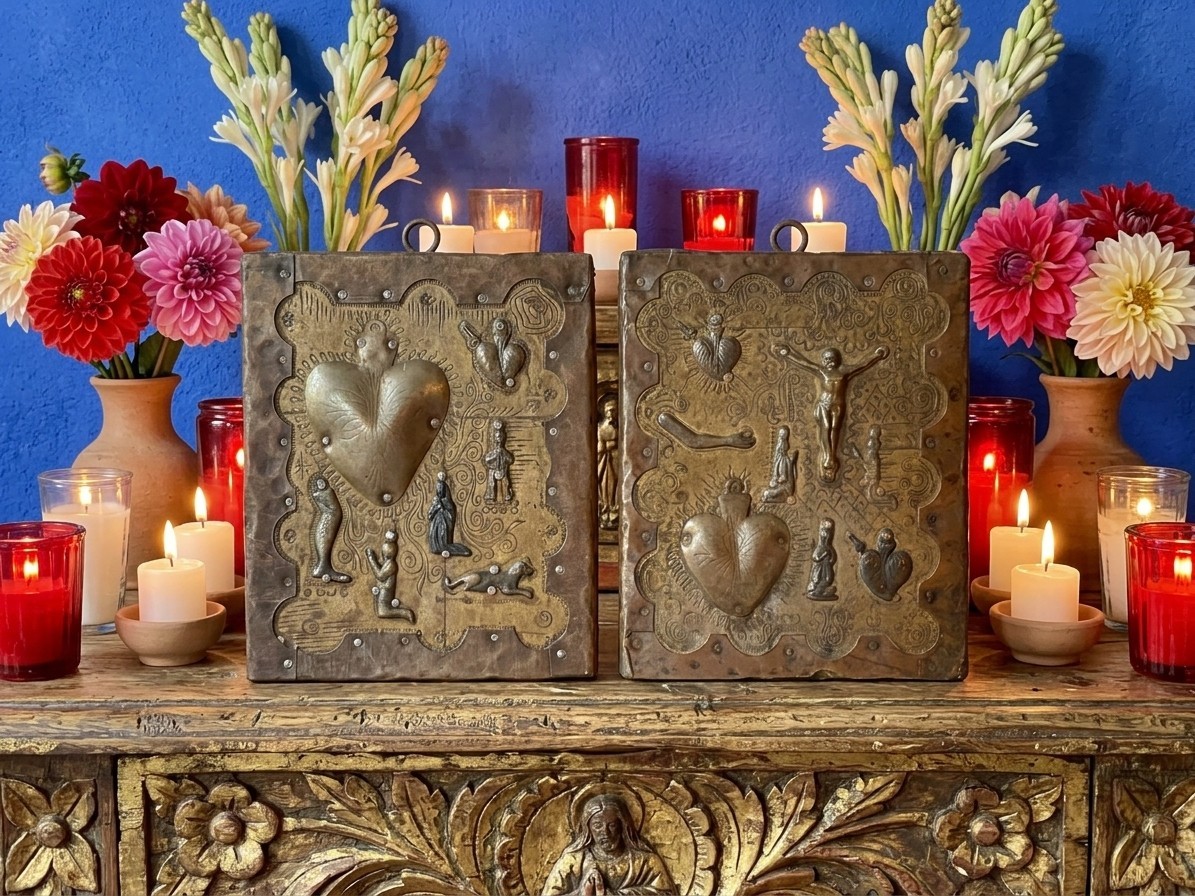 Vintage Mexican Milagro Retablo Pair Copper Brass Folk Art 6 in
