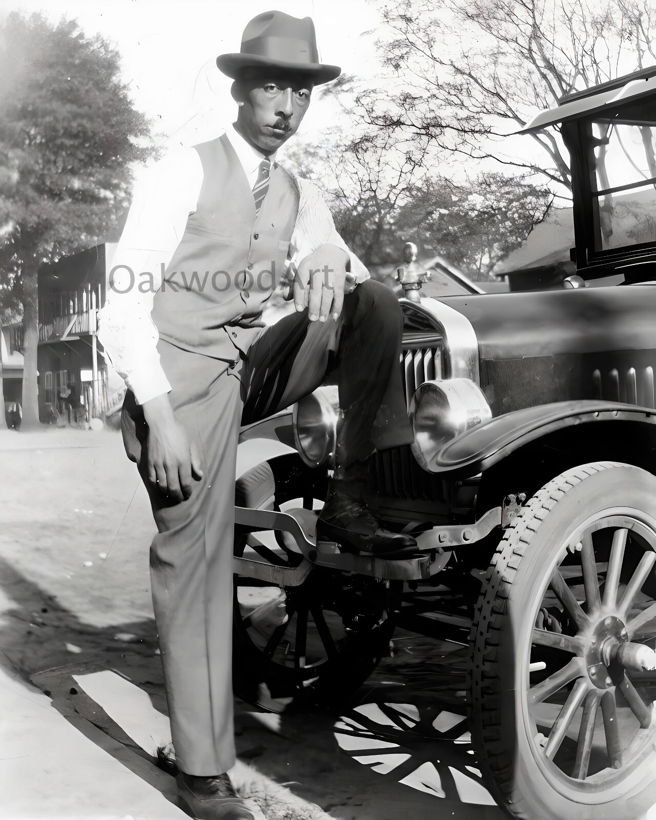 Black Man Standing with Foot on Bumper of Old Car c1930s, Vintage Photo Reprint