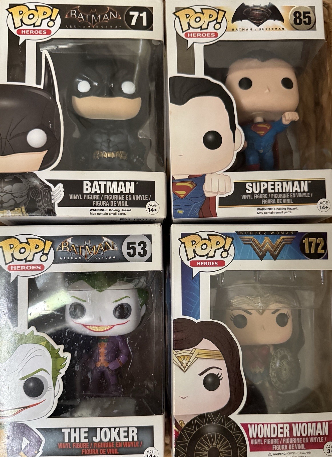 Funko Pop Lot 4: Superheroes Batman, Joker, Superman, Wonder Woman
