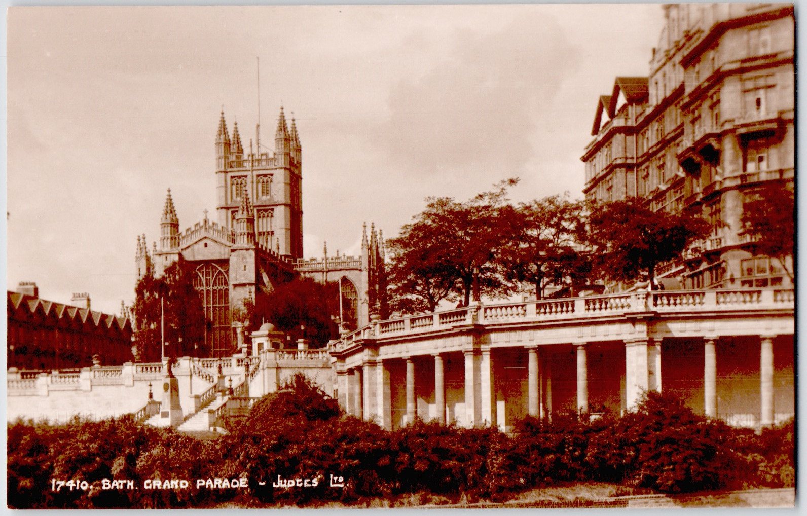 UK England Somerset Bath Grand Parade Abbey Gothic Spires Terrace 1920s RPPC