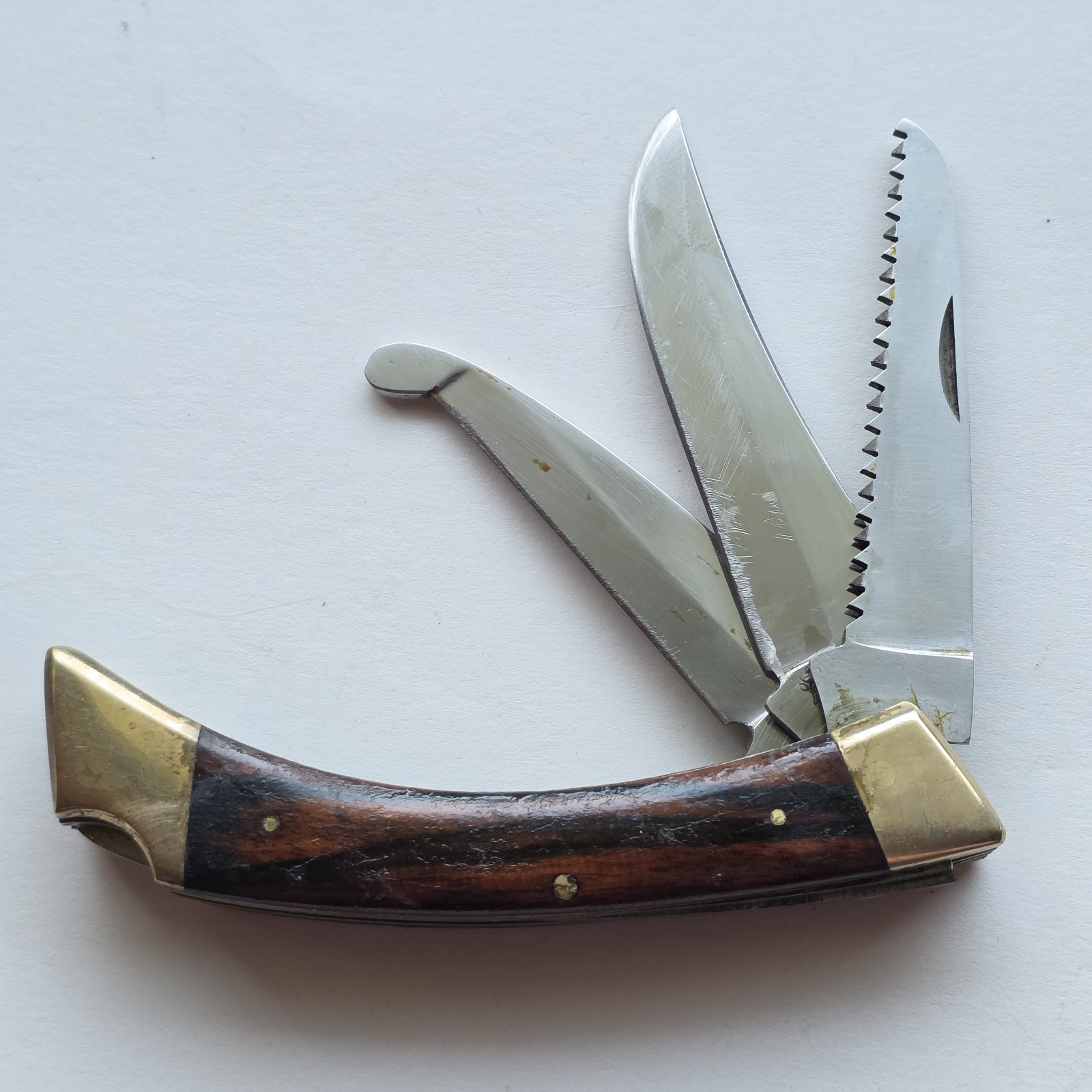 Vintage Browning 503 Folding Hunter Knife 3 Blade Saw Gut Hook Wood Brass User