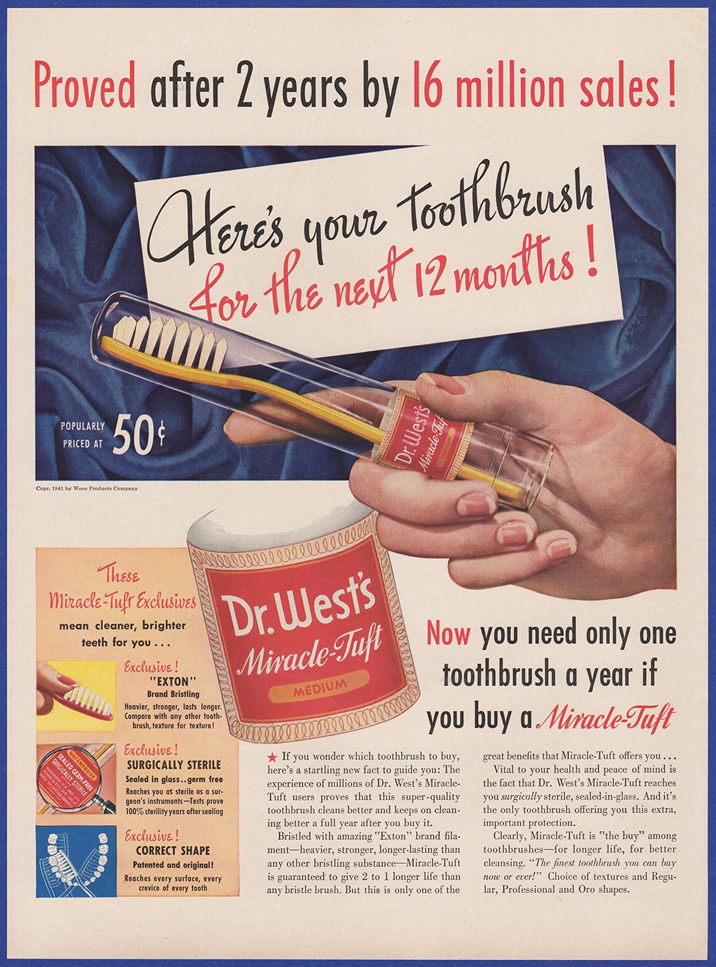 Vintage 1941 DR. WEST\'S Miracle Tuft Toothbrush Dental Hygiene 40\'s Print Ad