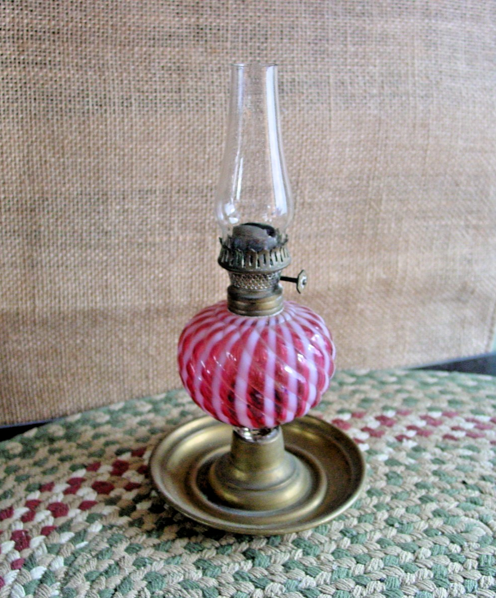 Vintage Miniature Cranberry Opalescent Swirl Glass and Brass 8