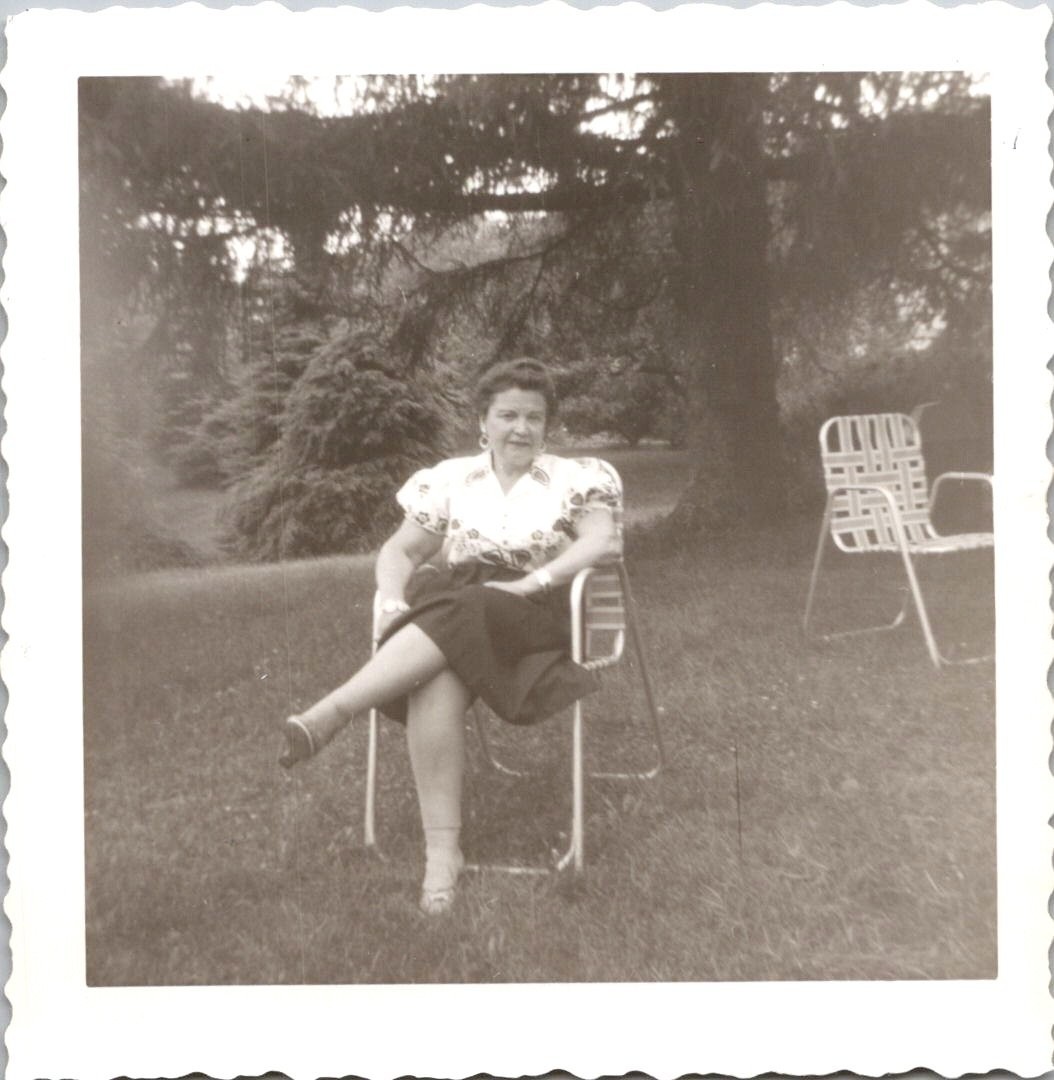 Vintage 1958 Black & White Photo Woman Outdoor Chair Handwritten Back \