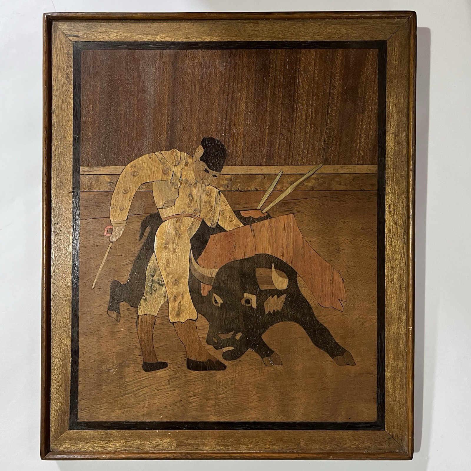Vtg Mid Century Wood Inlay Marquetry Matador Bullfighting Scene 10x12” Estonia