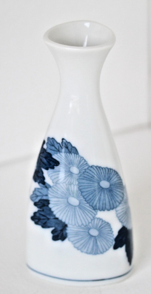 Vintage Hand Painted Blue Cobalt Tokkuri Porcelain Sake Bottle Flower Vase Japan