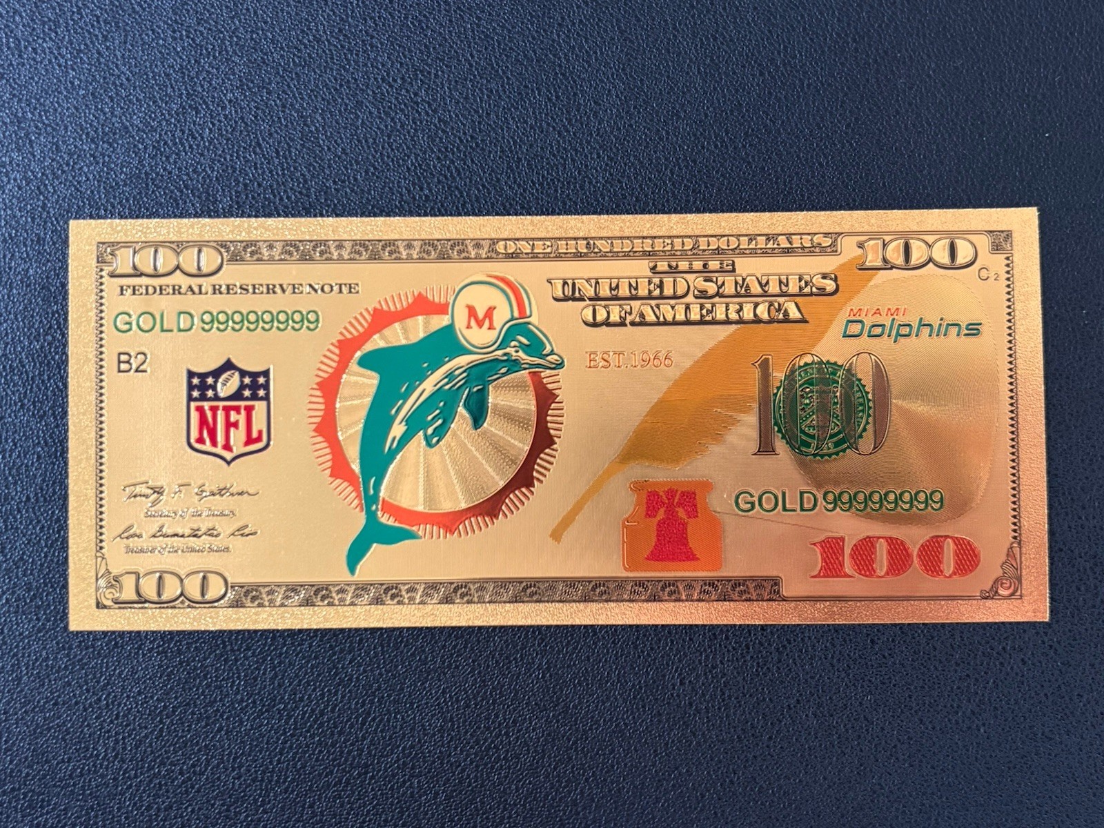 Miami Dolphins Gold Foil Plated Novelty Football Team Banknote Collectible