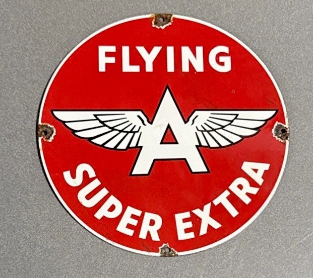 VINTAGE 12” FLYING A GASOLINE PORCELAIN SIGN CAR GAS OIL TRUCK MOTORCYCLE