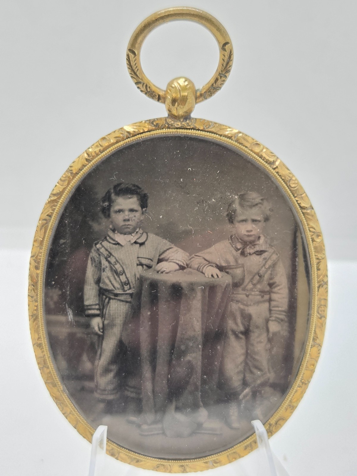 Antique Daguerreotype Photo Two Children/Boys & Man Reverse Mourning Pendant