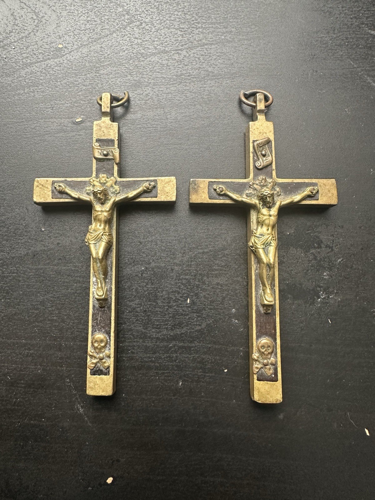 x2 Antique Pectoral Crucifix Skull & Crossbones Cross Brass Wood Inlay 4\